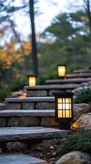 Obraz premium Stone steps with lantern lighting, leading through a tranquil woodland setting at twilight
