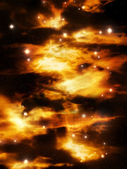 Nebula with clouds of gas in gold color. Star field in deep space. Interstellar dust in the...