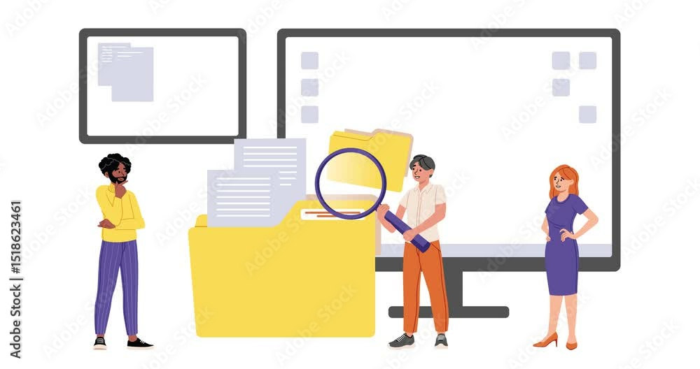 Poster office workers searching and indexing files. moving banner with man and woman managing folders on co