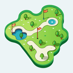 Playful vector illustration of a miniature golf course featuring winding paths, two red-flag poles by a pond and circular water feature, trees, and a central sand bunker