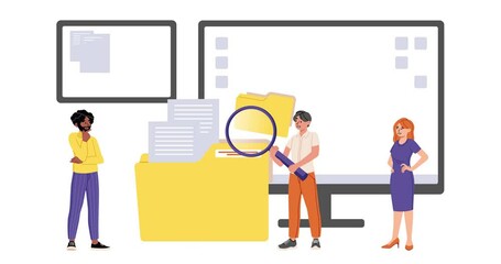 Office workers searching and indexing files. Moving banner with man and woman managing folders on computer. Display shows documents and media. Flat graphic animated cartoon - Powered by Adobe