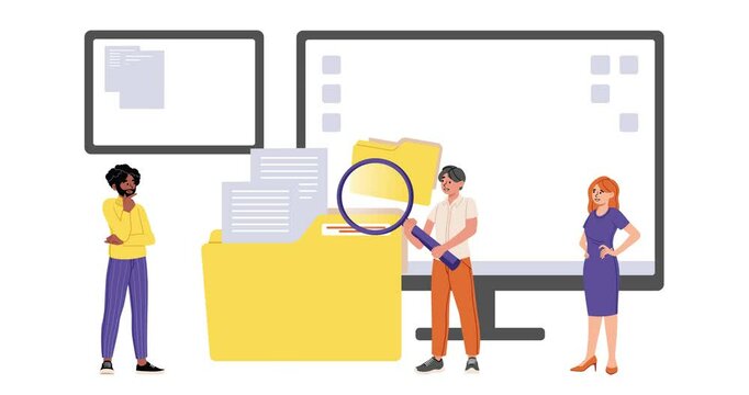 Office workers searching and indexing files. Moving banner with man and woman managing folders on computer. Display shows documents and media. Flat graphic animated cartoon