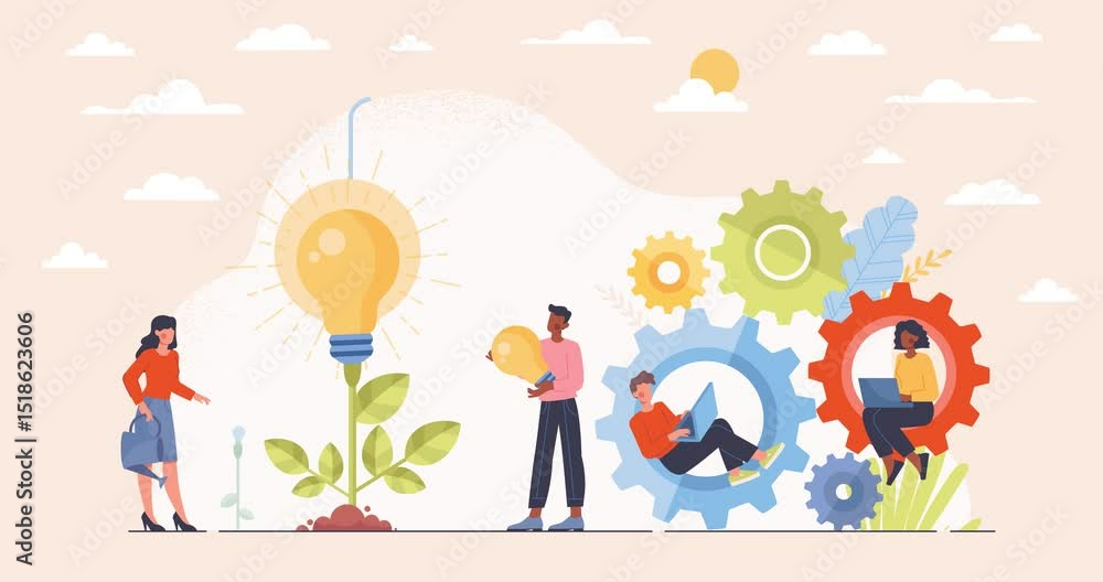 Poster generation of business ideas. moving banner with office workers sitting on cogwheels and coming up w