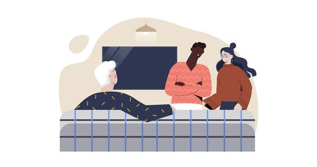 Characters hanging out. Moving banner with men and women communicating at house party. Friends sitting on couch and having fun. People at meeting or event. Flat graphic animated cartoon