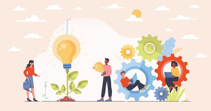 Generation of business ideas. Moving banner with office workers sitting on cogwheels and coming up with creative solutions for startup. Brainstorming and Problem Solving. Flat graphic animated cartoon