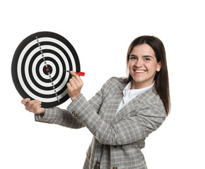 Targeting. Smiling businesswoman with dart board and arrow on white background