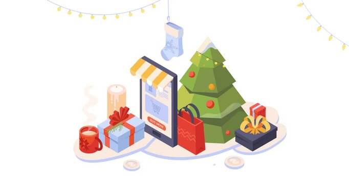 Holiday Sale. Moving banner with christmas tree, gift boxes and snowflakes next to smartphone with shopping delivery app. Happy New Year and Merry Christmas. Isometric 3D graphic animated cartoon