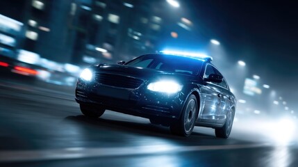 Obraz premium Night Chase with Police Car Sirens in City