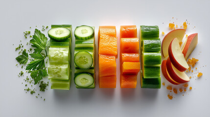 Colorful sliced vegetables arranged in line including cucumber, carrot and bell pepper on white background, healthy food layout