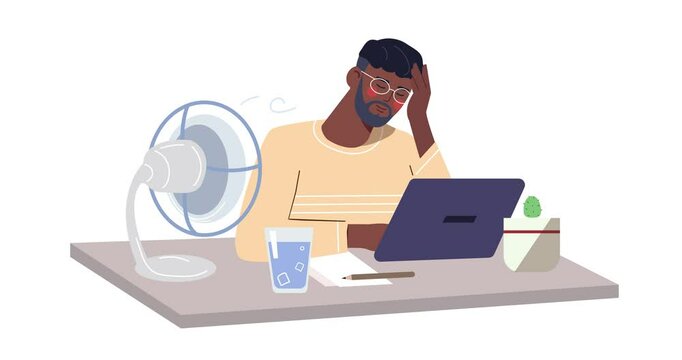 Cooling devices at work. Moving banner with male employee working on laptop and suffering from high air temperature. Character escapes from hot weather with help of fan. Flat graphic animated cartoon