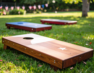 Classic American backyard games like cornhole are set up, suggesting fun and community during the Independence Day festivities.