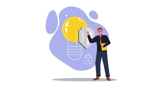 Intellectual property. Moving banner with man next to light bulb and shield as symbol of copyright protection. Patented product, trademark and prohibition of copying. Flat graphic animated cartoon