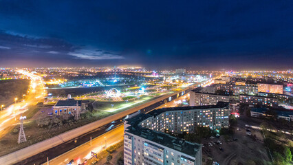 Park named after the First President of the Republic of Kazakhstan in the city of Aktobe day to night timelapse. Western Kazakhstan.