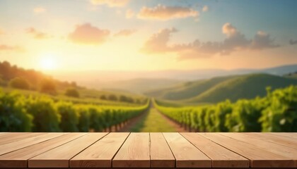 Empty wooden table for product placement showcase in vineyard setting. Blurred background of green vineyard at sunset. Perfect for advertising, presentation, display your product, promoting wine.