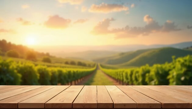 Empty wooden table for product placement showcase in vineyard setting. Blurred background of green vineyard at sunset. Perfect for advertising, presentation, display your product, promoting wine.