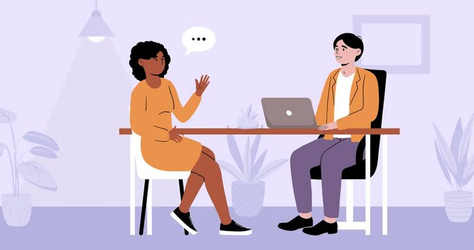 Job interview. Moving banner with male HR manager communicating with potential candidate for vacancy. Hiring and recruiting new employees. Human resources. Flat graphic animated cartoon