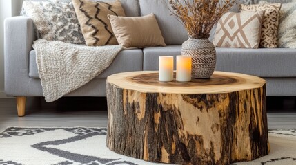 Wooden coffee table with candles and decorative accents in a living room setting.