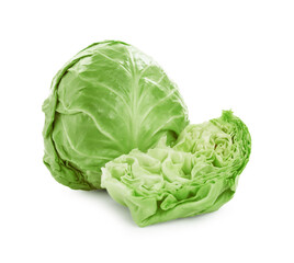 Whole and cut fresh green cabbages isolated on white