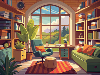 vector of Cozy study space with large windows, comfortable chair and soft natural light...