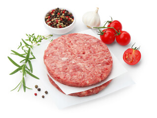 Fresh raw patties for burger, tomatoes and spices isolated on white