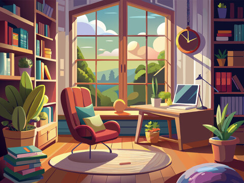 vector of Cozy study space with large windows, comfortable chair and soft natural light...