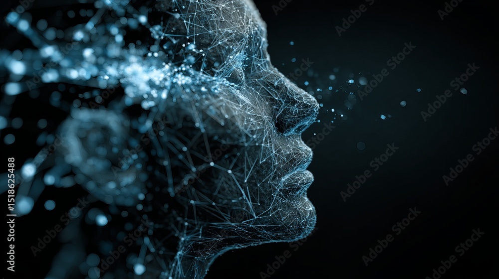 Poster abstract digital face profile network lines futuristic technology artificial intelligence blue glow 