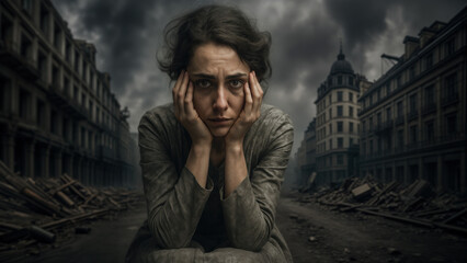 Woman with complacent expression while surrounded by a war-torn city in the background.