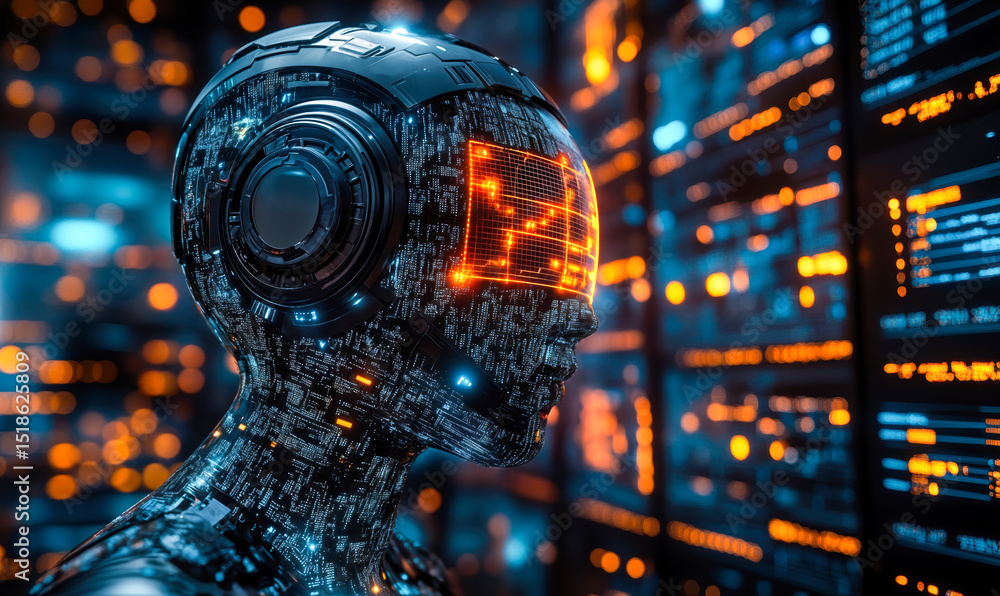 Poster futuristic humanoid robot with illuminated digital face displaying data in high-tech server room wit