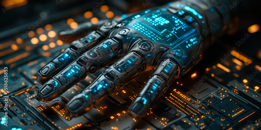 Aufkleber futuristic robotic hand with blue digital interface hovering over illuminated circuit board in high-