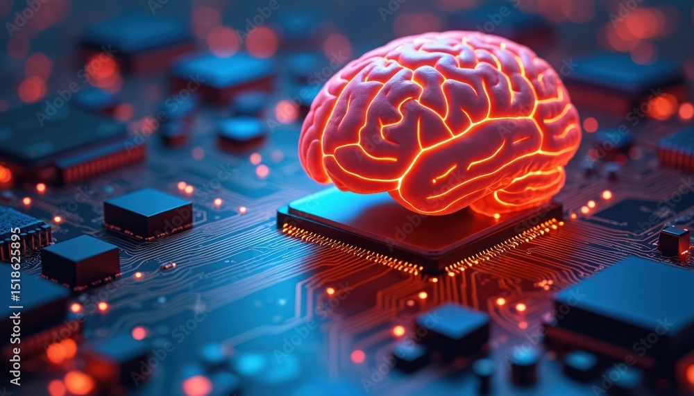 Poster glowing brain on circuit board. conceptual illustration of artificial intelligence ai, machine learn