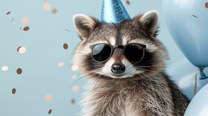 Cute Raccoon Birthday with Sunglasses, Blue Balloons on Light Blue