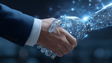 Human Handshake with Futuristic Robotic Hand Digital Technology Artificial Intelligence Partnership Innovation Future Business Collaboration Modern Technology Digital    