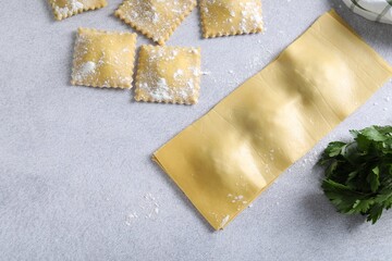 Uncooked ravioli and parsley on light table, flat lay. Space for text