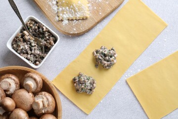 Making ravioli with mushrooms at light table, flat lay