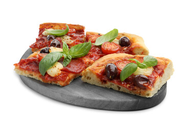 Pieces of tasty homemade pizza isolated on white