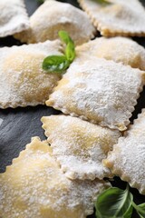 Uncooked ravioli and basil on black table, closeup
