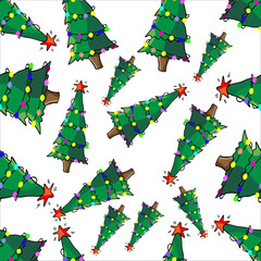 Vector colored seamless pattern hand drawn New Year green trees with colored balls