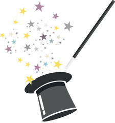 Vector illustration of a magician's top hat with a wand and sparkling stars on a white background. Perfect for themes of magic, fantasy, entertainment, and creative design projects.