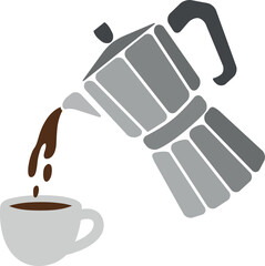 Vector illustration of a moka pot next to a steaming coffee cup. A cozy, classic scene evoking morning rituals, Italian tradition, warmth, energy, and comfort— ideal for lifestyle or culinary themes.