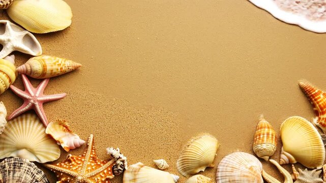 Seashells and Starfish on Sand Background