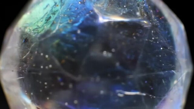 A close up view of a translucent crystal stone with internal reflections