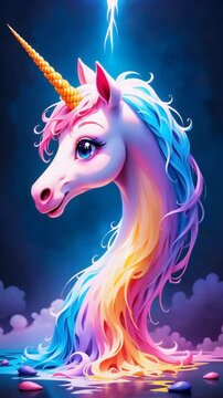 Colorful unicorn with rainbow mane glowing in magical atmosphere  