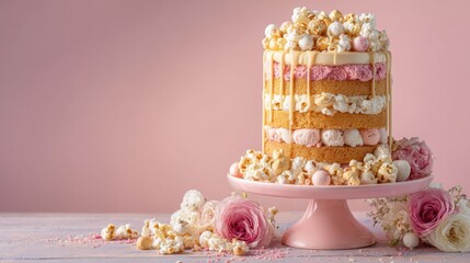 Elegant pink celebration cake with popcorn and floral decor for special occasions