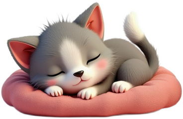 Cute gray cartoon kitten sleeping on a soft pink cushion, 3D illustration with peaceful expression on transparent background
