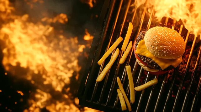 Overhead shot of flaming BBQ pit with burger and fries placed at center on metal grate, dramatic fire glow illuminating burger juices and melted cheese