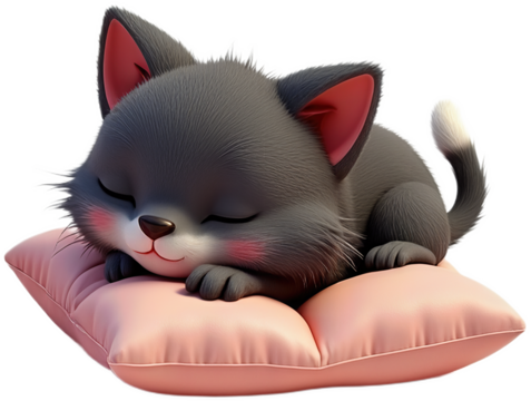 Cute dark gray cartoon kitten sleeping on a soft pink pillow, 3D illustration with peaceful expression and closed eyes on transparent background
