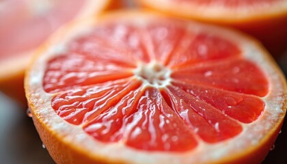 Macro photo pink grapefruit cut. Vibrant details texture of fresh juicy fruit with water drops, white pulp inside. Healthy citruses food concept. Vitamin rich nutrition, summer vibes.