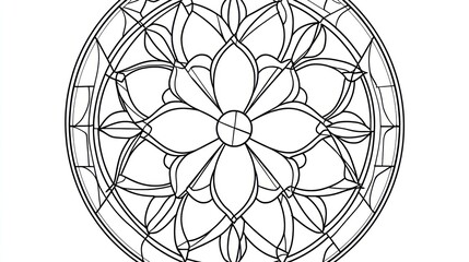 Fototapeta premium Circular stained glass design, intricate flower pattern, for coloring