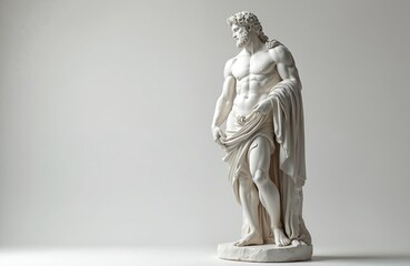 Marble statue of Greek god man. White background for copy space. Majestic ancient sculpture god strong body. Artwork demonstrates classical beauty. Statue of human face shows expression of power.