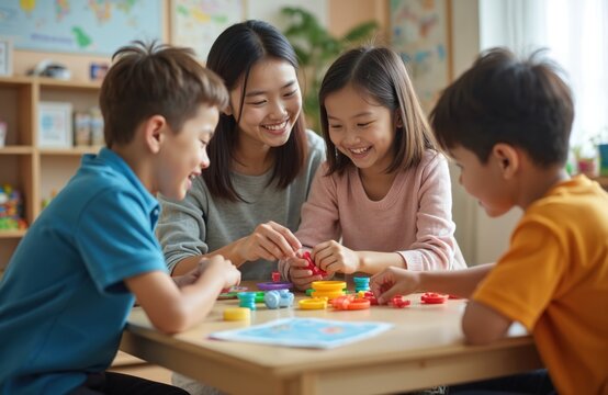Asian teacher plays with special needs students in classroom. Boy, girl with Down syndrome, other disabilities interacting. Children study together, building puzzle. Education inclusive, healthcare.